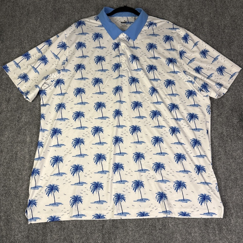 Puma MATTR Mirage Polo Golf Shirt Mens XXL White Blue Palm Tree Pattern UPF NEW